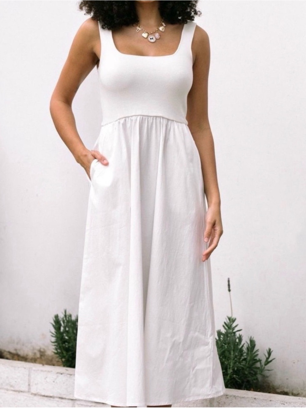 Hem & Thread White Square-Neck Sleeveless Maxi Dress
